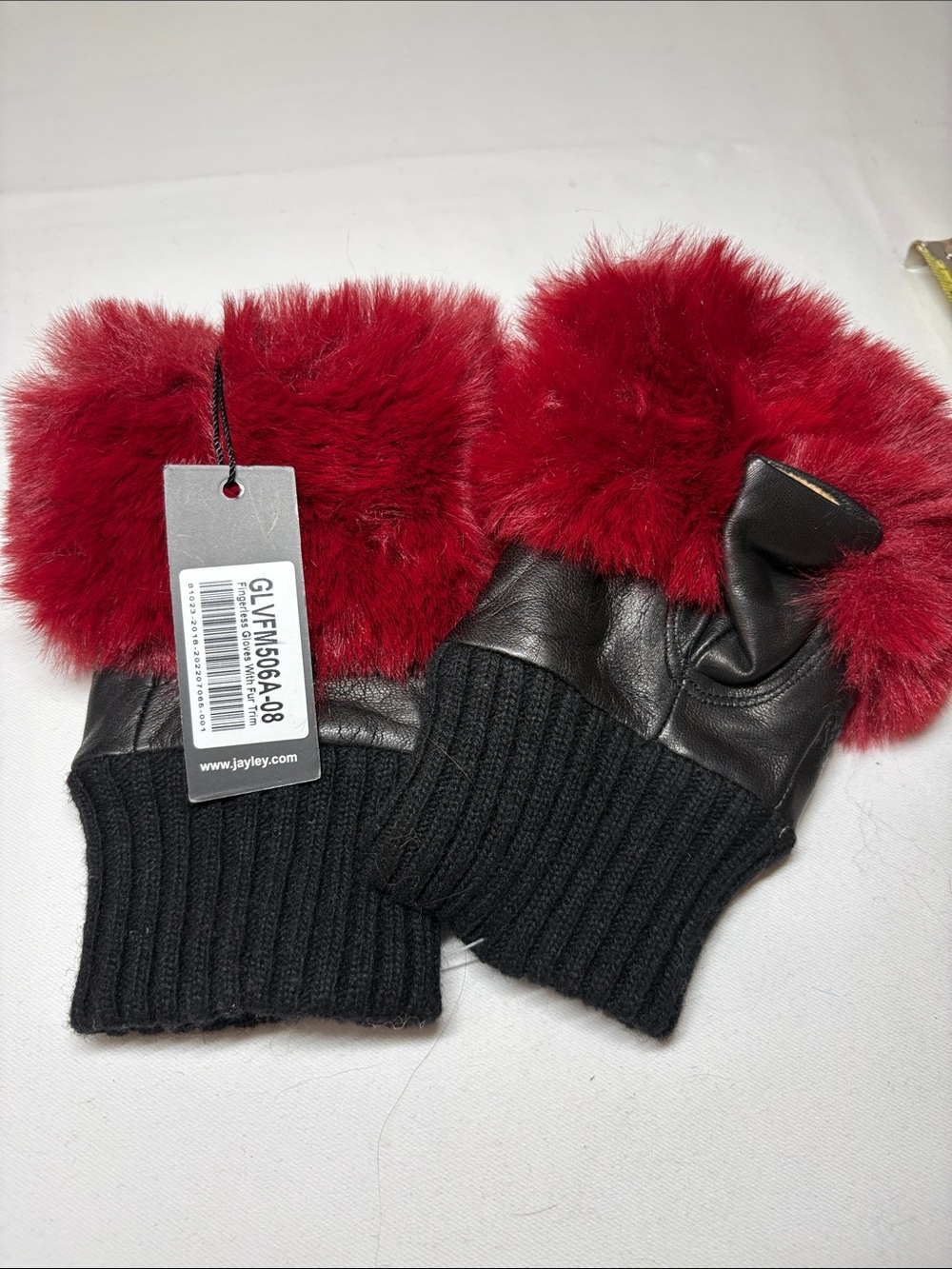 Jayley NWT Black Lamb Leather Fingerless gloves with Red Faux Fur Trim One Size